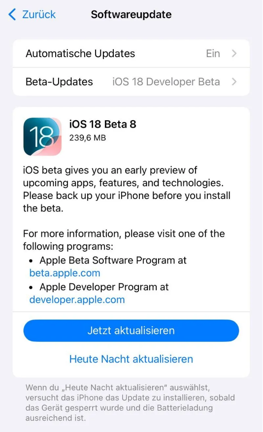 涟源苹果手机维修分享苹果 iOS / iPadOS 18 开发者预览版 Beta 8 发布 